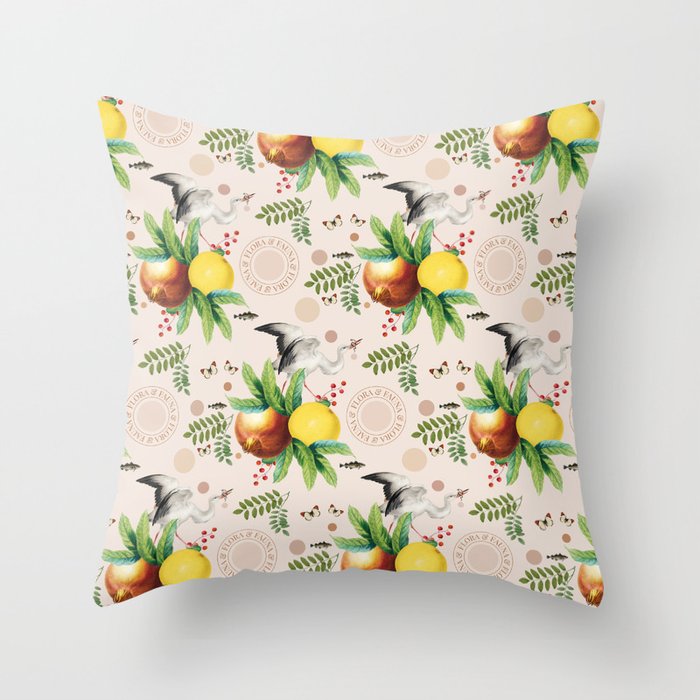 Flora and Fauna with White Stork Pattern Throw Pillow