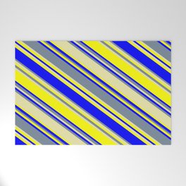 [ Thumbnail: Light Slate Gray, Pale Goldenrod, Yellow, and Blue Colored Striped Pattern Welcome Mat ]
