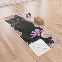 Little Black Garden Cat - Pink Flowers Yoga Towel