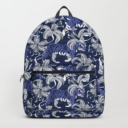 Tigers in a tiger lily garden // textured navy blue background very peri wild animals light grey flowers Backpack