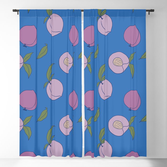 peach and leaf on sapphire blue background Blackout Curtain