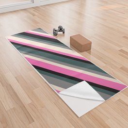 [ Thumbnail: Eye-catching Dark Slate Gray, Grey, Beige, Hot Pink, and Black Colored Lined/Striped Pattern Yoga Towel ]