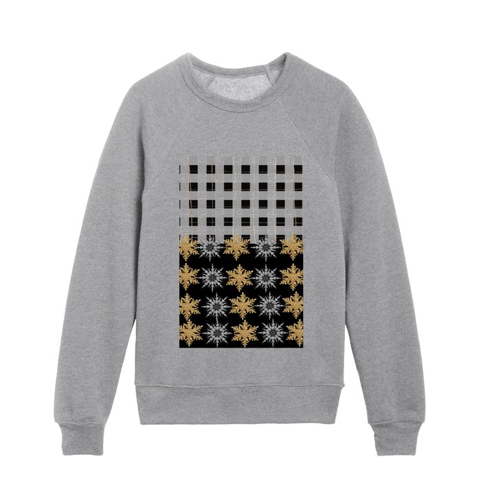 Winter Christmas Gold & Silver Snowflakes in Black Buffalo Plaid Kids Crewneck