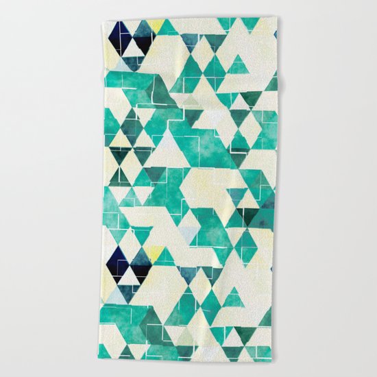 Abstract Green Triangles, Watercolor Pattern Beach Towel