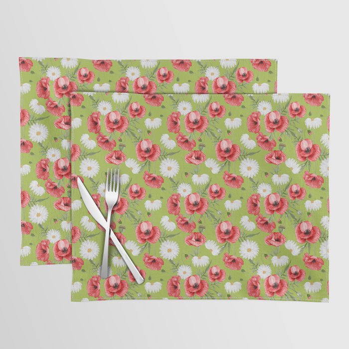 Daisy and Poppy Seamless Pattern on Light Green Background Placemat