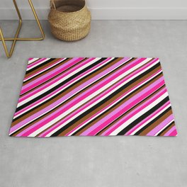 [ Thumbnail: Vibrant Brown, Violet, Deep Pink, White, and Black Colored Striped Pattern Rug ]
