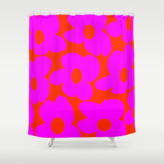 Pink Retro Flowers Orange Red Background #decor #society6 #buyart Shower Curtain