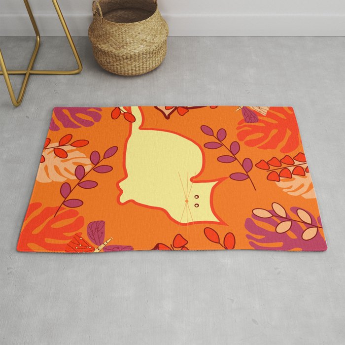 Curious cat, butterflies and leaves Rug