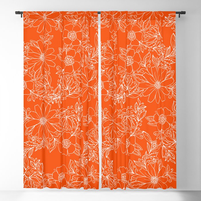 Hand drawn white bright orange modern floral Blackout Curtain