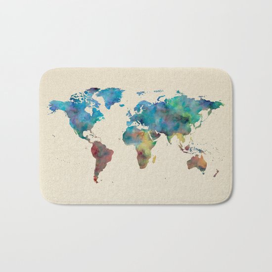 World Map Watercolor Linen Blue Red Yellow Green Bath Mat