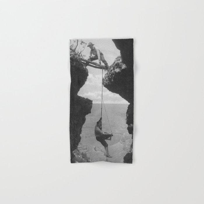 Grand Canyon, Arizona, photographer suspended on climber's rope over canyon for the great shot black and white America's parks nature vintage photograph - photography - photographs Hand & Bath Towel