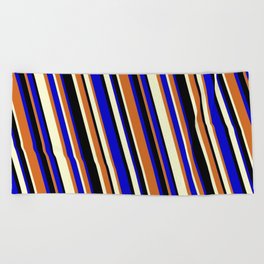 [ Thumbnail: Chocolate, Light Yellow, Black & Blue Colored Lines/Stripes Pattern Beach Towel ]