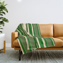 [ Thumbnail: Dark Olive Green, Tan, and Dark Green Colored Lined/Striped Pattern Throw Blanket ]