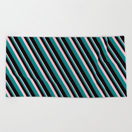 [ Thumbnail: Pink, Teal, and Black Colored Lined/Striped Pattern Beach Towel ]