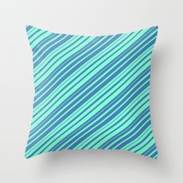[ Thumbnail: Blue & Aquamarine Colored Striped/Lined Pattern Throw Pillow ]