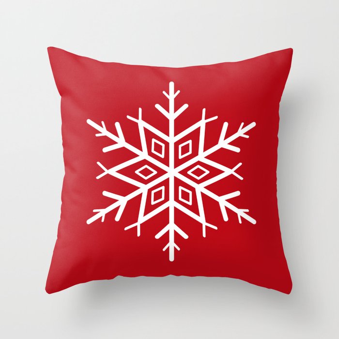 Snowflake on Holly Berry Red Throw Pillow