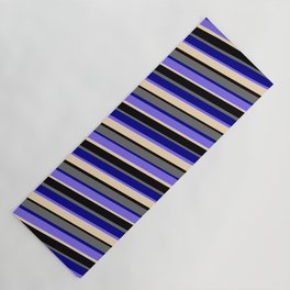 [ Thumbnail: Vibrant Dim Grey, Dark Blue, Medium Slate Blue, Tan & Black Colored Striped Pattern Yoga Mat ]