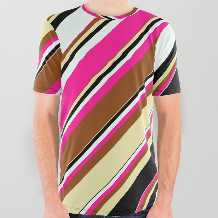 Vibrant Brown, Pale Goldenrod, Black, Mint Cream & Deep Pink Colored Lined/Striped Pattern All Over Graphic Tee