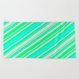 [ Thumbnail: Green, Aqua, and Tan Colored Stripes/Lines Pattern Beach Towel ]