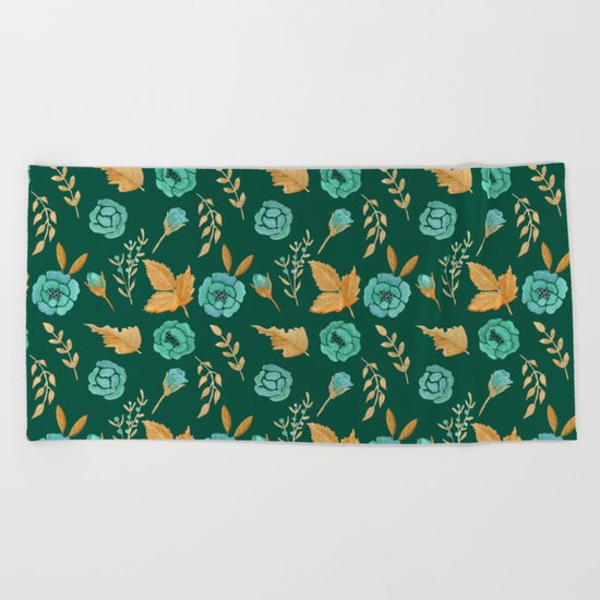Watercolor floral turqiouse roses print Beach Towel