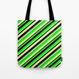 [ Thumbnail: Beige, Black & Lime Colored Lined/Striped Pattern Tote Bag ]