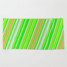 [ Thumbnail: Turquoise, Brown, Green, and Lime Colored Lines Pattern Beach Towel ]