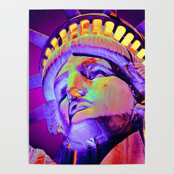 Statue of Liberty, United States National Monument, illuminated close-up view at night Poster