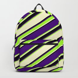[ Thumbnail: Indigo, Light Green, Light Yellow, and Black Colored Stripes Pattern Backpack ]