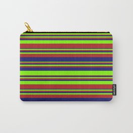 [ Thumbnail: Chartreuse, Red, and Midnight Blue Colored Striped Pattern Carry-All Pouch ]
