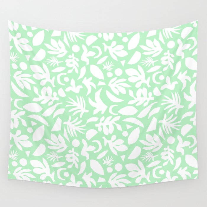 Leaf Silhouettes White on Mint Green Wall Tapestry