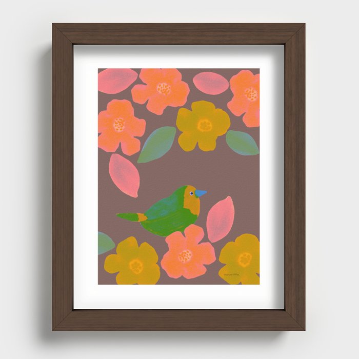 Round Little Bird and Flowers - Green and Brown Recessed Framed Print