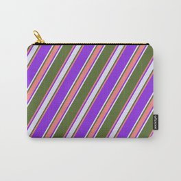 [ Thumbnail: Dark Olive Green, Light Coral, Purple & Lavender Colored Stripes/Lines Pattern Carry-All Pouch ]
