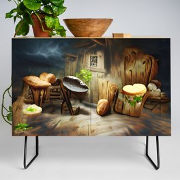 Wooden rustic cottage in the forest Credenza