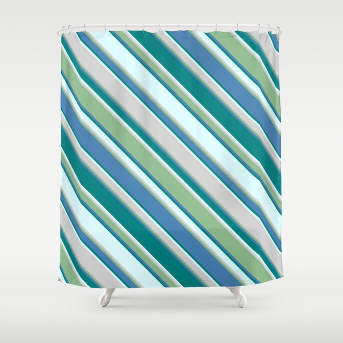 Eye-catching Light Cyan, Light Grey, Dark Sea Green, Blue, and Teal Colored Striped Pattern Shower Curtain