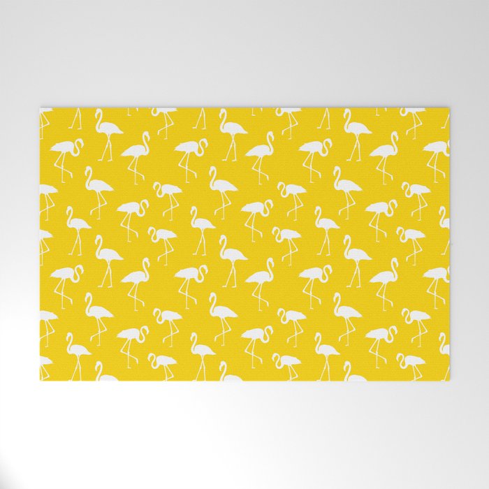 White flamingo silhouettes seamless pattern on yellow background Welcome Mat