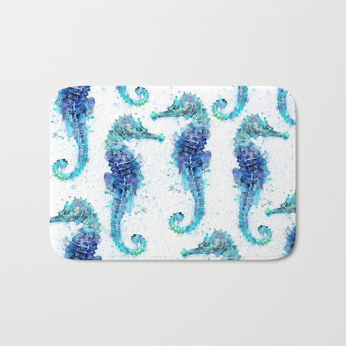 Blue Turquoise Watercolor Seahorse Bath Mat