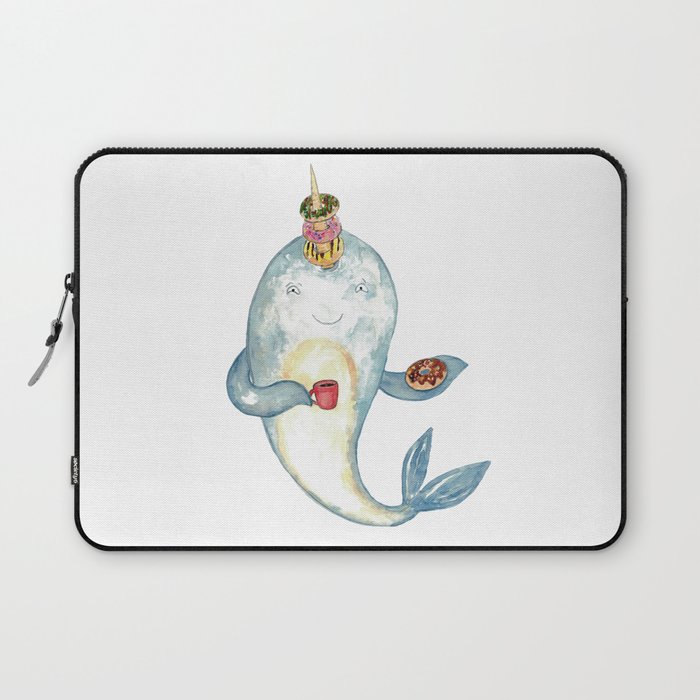 Narwhal whale with dohnut watercolor painting  Laptop Sleeve