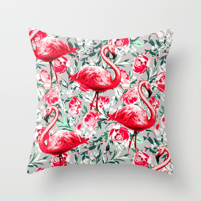 Flamingos and Flowers Throw Pillow