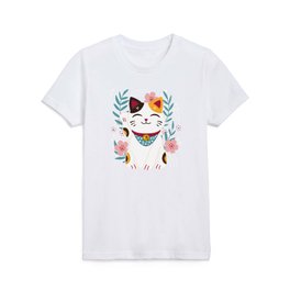 Japanese Lucky Cat with Cherry Blossoms Kids T Shirt