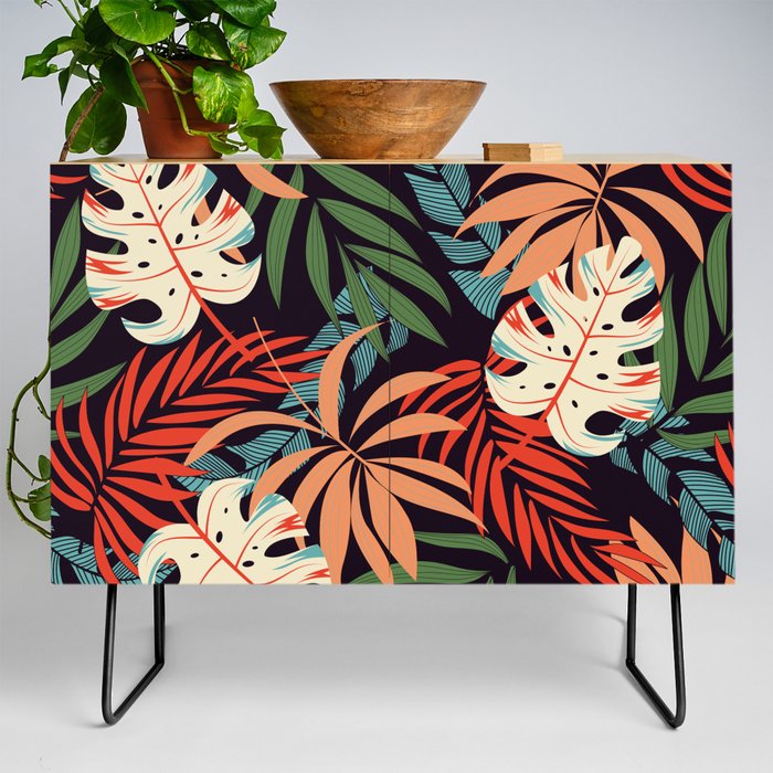 Tropical Bold Beach Summer Monstera Print Credenza