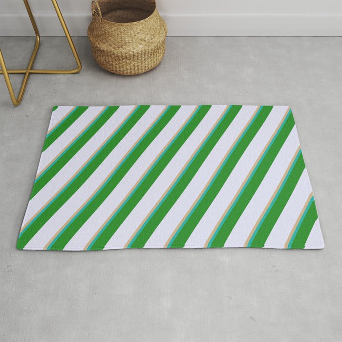 Tan, Light Sea Green, Forest Green, and Lavender Colored Lined/Striped Pattern Rug