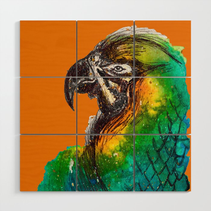 watercolour parrot with orange background  Wood Wall Art