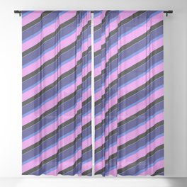 [ Thumbnail: Vibrant Midnight Blue, Royal Blue, Violet, Black, and White Colored Pattern of Stripes Sheer Curtain ]
