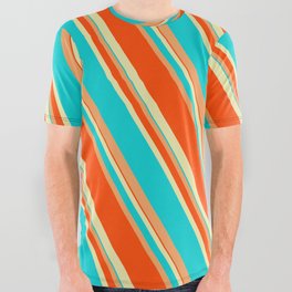 [ Thumbnail: Pale Goldenrod, Dark Turquoise, Brown, and Red Colored Lines/Stripes Pattern All Over Graphic Tee ]