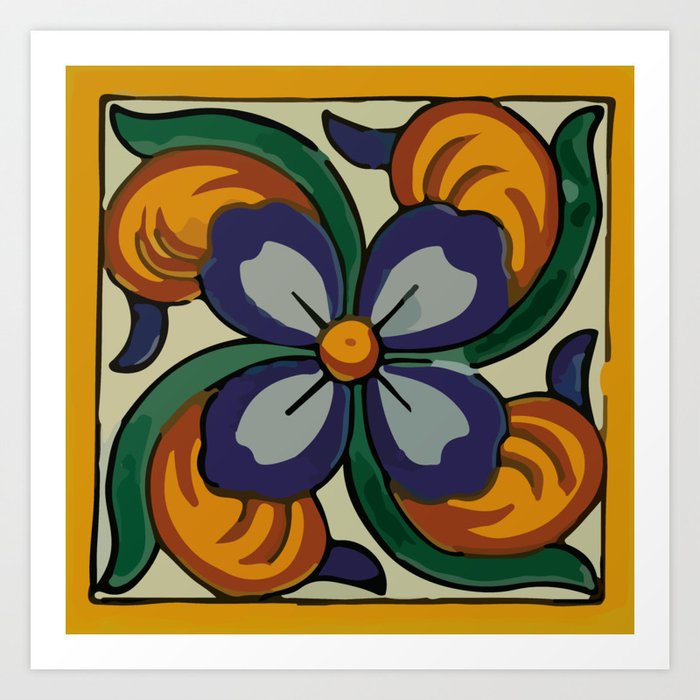 Flower blue bouquet boho chic mexican tile Art Print