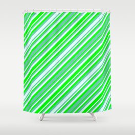 [ Thumbnail: Lime, Aquamarine, and Light Cyan Colored Lines Pattern Shower Curtain ]