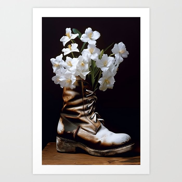 White Flowers In Old Military Boot Art Print