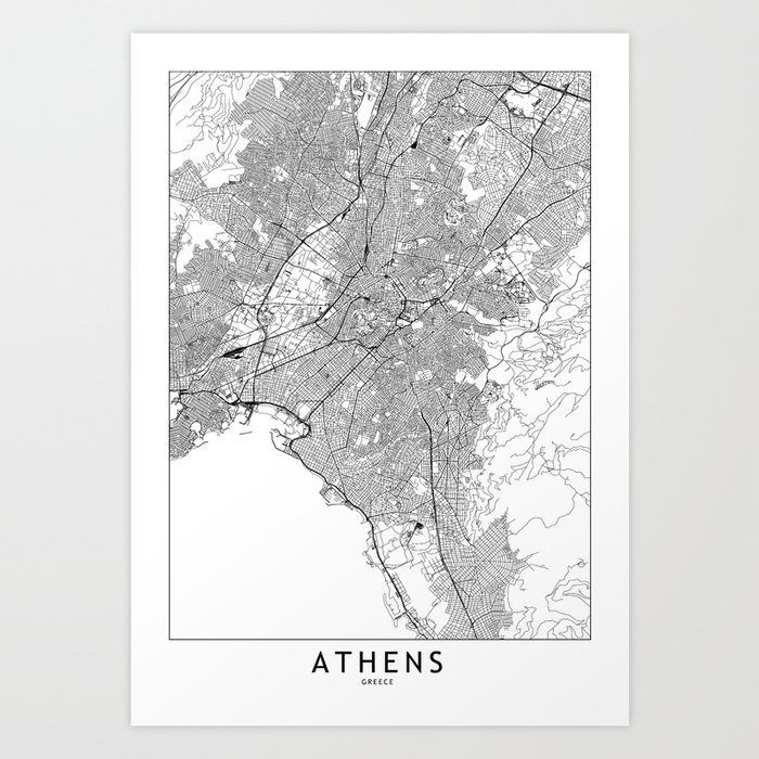 Athens White Map Art Print