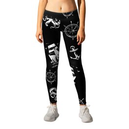 Black And White Silhouettes Of Vintage Nautical Pattern Leggings