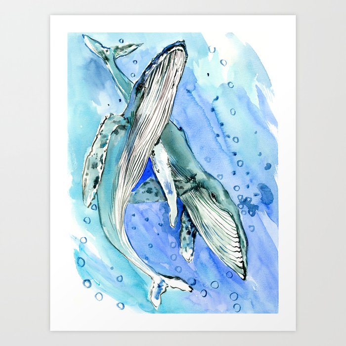 Humpback Whales Two Whales Ocean Underwater Scene Beach Art Print